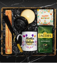 Doğum Gününe Özel Tütsü & Tütsülük & 250 Gram Jacobs Filtre Kahve & Siyah Mum & Özel Tasarım Kupa & Doğum Günü Kartı Hediye Seti
