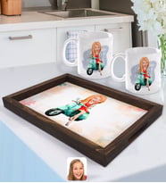 BK Gift Kişiye Özel Kadın Karikatürlü Doğal Ahşap Tepsi ve 2’li Kupa Bardak Seti-24