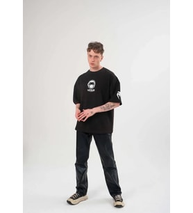 Erkek Kısa Kol Tişört Göğüs ve Kol Bisiklet Yaka Baskılı T-Shirt - Siyah