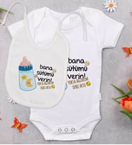 BK Kids Kişiye Özel Bana Sütümü Verin Tasarımlı Bebek Body Zıbın ve Mama Önlüğü Hediye Seti - Model 1