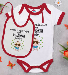 BK Kids Patron Benim Tasarımlı Kırmızı Bebek Body Zıbın ve Mama Önlüğü Hediye Seti-1