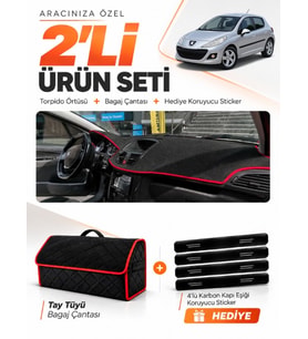 PEUGEOT 207 (2007-2012) Uyumlu Torpido Örtüsü + Tay Tüyü Bagaj Çantası + Sticker Seti - Siyah Kırmızı