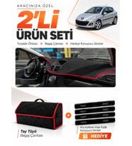 PEUGEOT 207 (2007-2012) Uyumlu Torpido Örtüsü + Tay Tüyü Bagaj Çantası + Sticker Seti - Siyah Kırmızı
