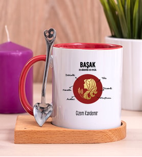 Kişiye Özel Başak Burcuna Hediye Ahşap Altlıklı Kırmızı Kupa Bardak
