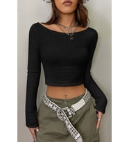 Merry See Kayık Yaka Örme Uzun Kollu Crop Top Bluz (Siyah)