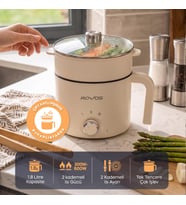 ROVOS RV-5100 Elektrikli Mini Tencere 1,8 L, Buharlı Pişirme Aparatlı, Yapışmaz Tencere, Ramen, Makarna, Çorba ve Yemek Pişirici