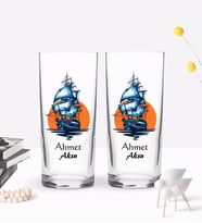 BK Gift Kişiye Özel Renkli Baskılı Gemi Tasarımlı İkili Rakı Bardağı Seti-1