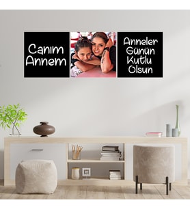 Anneler Gününe Özel Canım Annem Yazılı Kare Şekilli Fotoğraflı Kolaj Ahşap Tablo