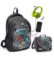 Coral High Dinazor Baskılı Okul ve Beslenme Çantası - Erkek Çocuk  - USB Soketli