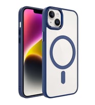 Coverzone iPhone 14 Plus ile uyumlu K?l?f Wireless ?arj �zellikli Metal buton Z-Krom MagSafe ile uyumlu ?effaf Transparan Double Color Silikon Kapak Lacivert