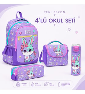 Milka Su Yeşili Tavşan Desenli 4'lü Okul Çanta Seti Mataralı