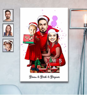 Kişiye Özel Yılbaşı Aile Karikatürlü Ahşap Tablo 30x47 Model-2