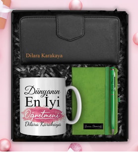 Öğretmenler Gününe Özel Tasarım Kupa & Kişiye Özel Cüzdan & Defter & Kalem Hediye Seti (Yeşil)