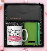 Öğretmenler Gününe Özel Tasarım Kupa & Kişiye Özel Cüzdan & Defter & Kalem Hediye Seti (Yeşil)