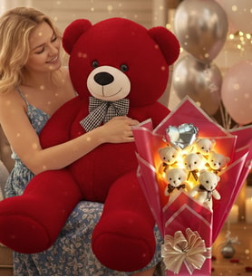 90 Cm Peluş Ayı ve LED Işıklı Romantik Balonlu Sütlü Kahve Ayıcık Buketi Doğüm Günü Hediyesi (Kırmızı)