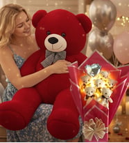 90 Cm Peluş Ayı ve LED Işıklı Romantik Balonlu Sütlü Kahve Ayıcık Buketi Doğüm Günü Hediyesi (Kırmızı)