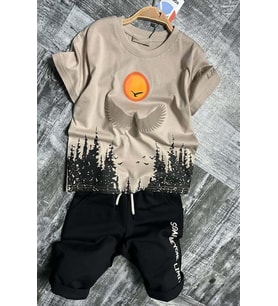 Erkek Çocuk Ağaç ve Güneş Baskılı T-shirt Yazı Detaylı Bej Şortlu Takım