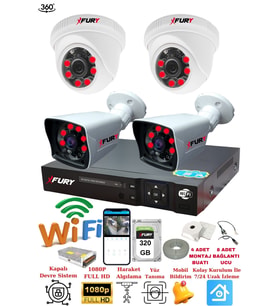 FURY 4 Kameralı 5mp 3.6mm Lens 2mp Görüntü 6 Atom Led Gece Görüşlü FullHd Güvenlik Kamerası 251412 320 GB