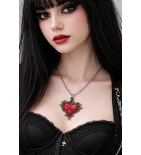 Kırmızı Kalp ve Haç Detaylı Gotik Kolye Unisex Metal Zincir