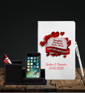 Sevgililer Gününe Özel Beyaz Defter Kalem & Deri Kaplama Kalemlik Hediye Seti 5