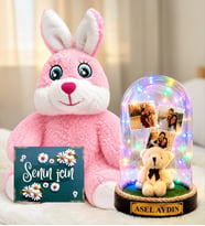 Kişiye Özel 3 Fotoğraflı Renkli LED Işıklı Fanus(peluş ayıcıklı) ve Sevimli Peluş Tavşan Sevgiliye Hediye Kadına Hediye