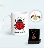 BK Gift Kişiye Özel Uğur Böceği Temalı Kupa ve Açılan Uğur Böceği Kolye Hediye Seti-1 (Model 1)