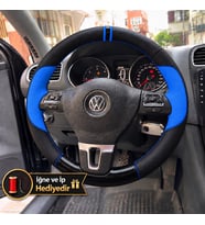 Vw Golf 6 Dikme Direksiyon Kılıfı Delikli Deri Parlak Siyah Mavi Detay Çift Yüzük ve Dikiş 2008-2012