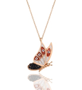 Gümüş rose onix taşlı kırmızı mineli kelebek kolye SGTL12424ROSE