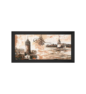 Tuğra Eski Galata ve Kız Kuleleri Motifli Kanvas Tablo 80 x 110 cm Siyah Çerçeve