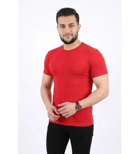 Erkek Basic Tişört Bisiklet Yaka Kısa Kol Günlük Yazlık Slim Fit T-Shirt - Kırmızı
