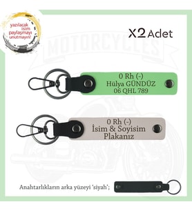 Hız Severlere Özel, İsim Plaka ve 0 Rh (-) Kan Grubu Yazılı Deri 2'li Anahtarlık, Pudra-F Yeşil-Syh (Çok Renkli)