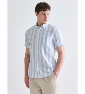 LCWAIKIKI Classic Mavi Regular Fit Kısa Kollu Çizgili Armürlü Erkek Gömlek