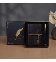 Kutulu Deri Defter ve Metal Roller Kalem Seti - Yaprak Desenli - Baskıya Uygun