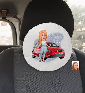 BK Gift Kişiye Özel Plakalı Kadın Volkswagen Polo Karikatürlü Yuvarlak Araç Koltuk Yastığı-2