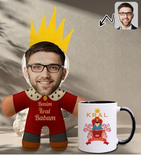 BK Gift Kişiye Özel Fotoğraflı Kral Babam Tasarımlı Bebek Yastık-1 & Siyah Kupa Bardak Hediye Seti-15, Babalar Günü Hediye, Babaya Hediye