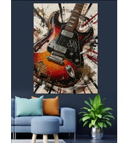 Renkli Elektro Gitar Çizimi Dekoratif Kanvas - Mdf Ahşap Tablo