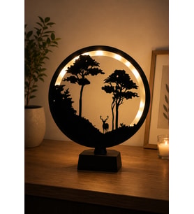 Dekoratif LED Işıklı Orman ve Geyik Silüetli Masa Lambası – Modern Ortam Aydınlatma Dekoru 22X29CM Ebat