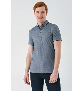 Koyu Lacivert Baskılı Oxford Düğmeli Yaka Cepli Pamuklu Casual Slim Fit Dar Kesim Tişört 1011240177