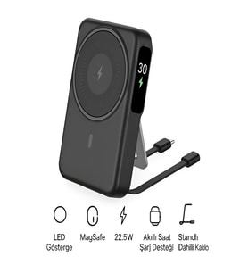 10000mAh 22.5W Type-C Lightning Kablolu/Kablosuz Standlı Telefon/Saat Şarj LCD Magsafe Powerbank
