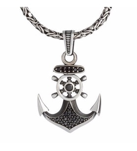 925 Ayar Gümüş Mini Zirkon Taşlı 2 Mm Kral Zincirli Çapa Dümen Motifli Erkek Kolye