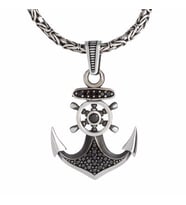 925 Ayar Gümüş Mini Zirkon Taşlı 2 Mm Kral Zincirli Çapa Dümen Motifli Erkek Kolye