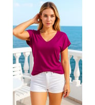 Kadın Fuşya Viskon Ön Arka V Yakalı T-shirt Yarasa Kol Relaxed Bluz