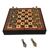 GiftHome Parlak Klasik Ceviz Desenli Mini Seyahat Boy Satranç Takımı ( 16 x 16 cm )