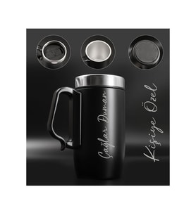 Kişiye Özel Çift Katmanlı 280ml Mat Siyah Kulplu Paslanmaz Çelik Termos Bardak Mug Kupa Çay Kahve