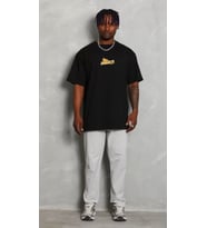 Unisex Bisiklet Yaka Baskılı Oversize T-Shirt - Siyah