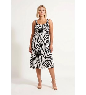 Kadın Büyük Beden Zebra Desen Askılı A Line Midi Örme Elbise Kalp Yaka Kolsuz Günlük Rahat Modern