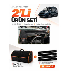 FİAT FİORİNO TAM KAPALI (2007-2026) Uyumlu Torpido Örtüsü + Tay Tüyü Bagaj Çantası Seti - Siyah Kahverengi