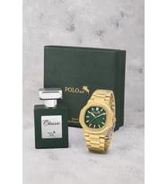 Polo Air Takvimli Premium Çift Klipsli Erkek Kol Saati Ve 55 ml Parfüm Seti Gold Yeşil Renk ST-5025E6