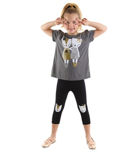 Kedi Dostlar Kız Çocuk T-Shirt Tayt Takım (Antrasit)