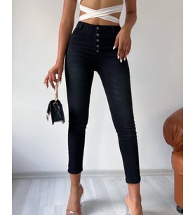 Kadın Yüksek Bel Çok Düğmeli Full Likralı Kot Pantolon Jean (Siyah)